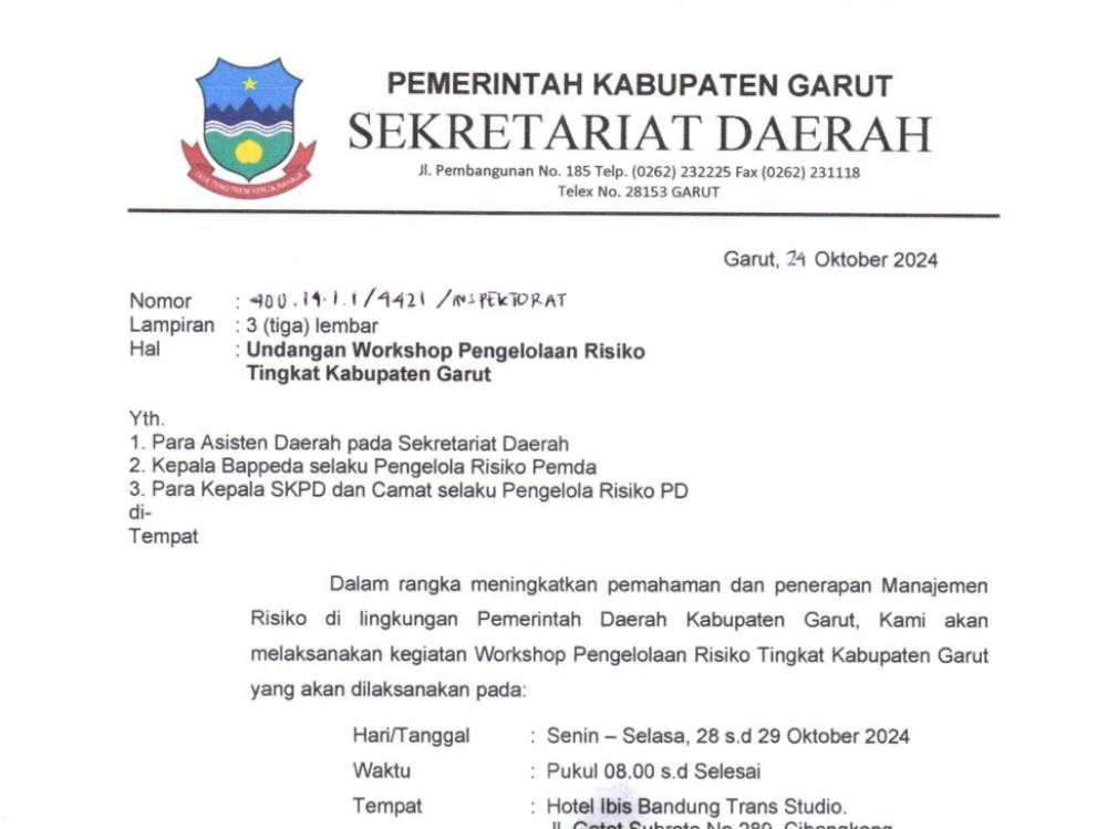 Undangan Workshop Pengelolaan Risiko Tingkat Kabupaten Garut